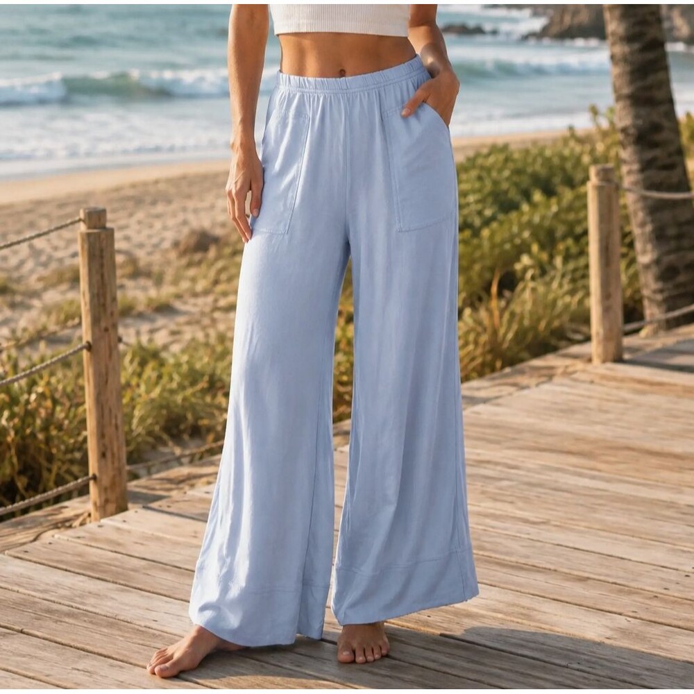 Free People Free-est Wide Leg Trousers Pants Pull-on Cotton Blue M 289834